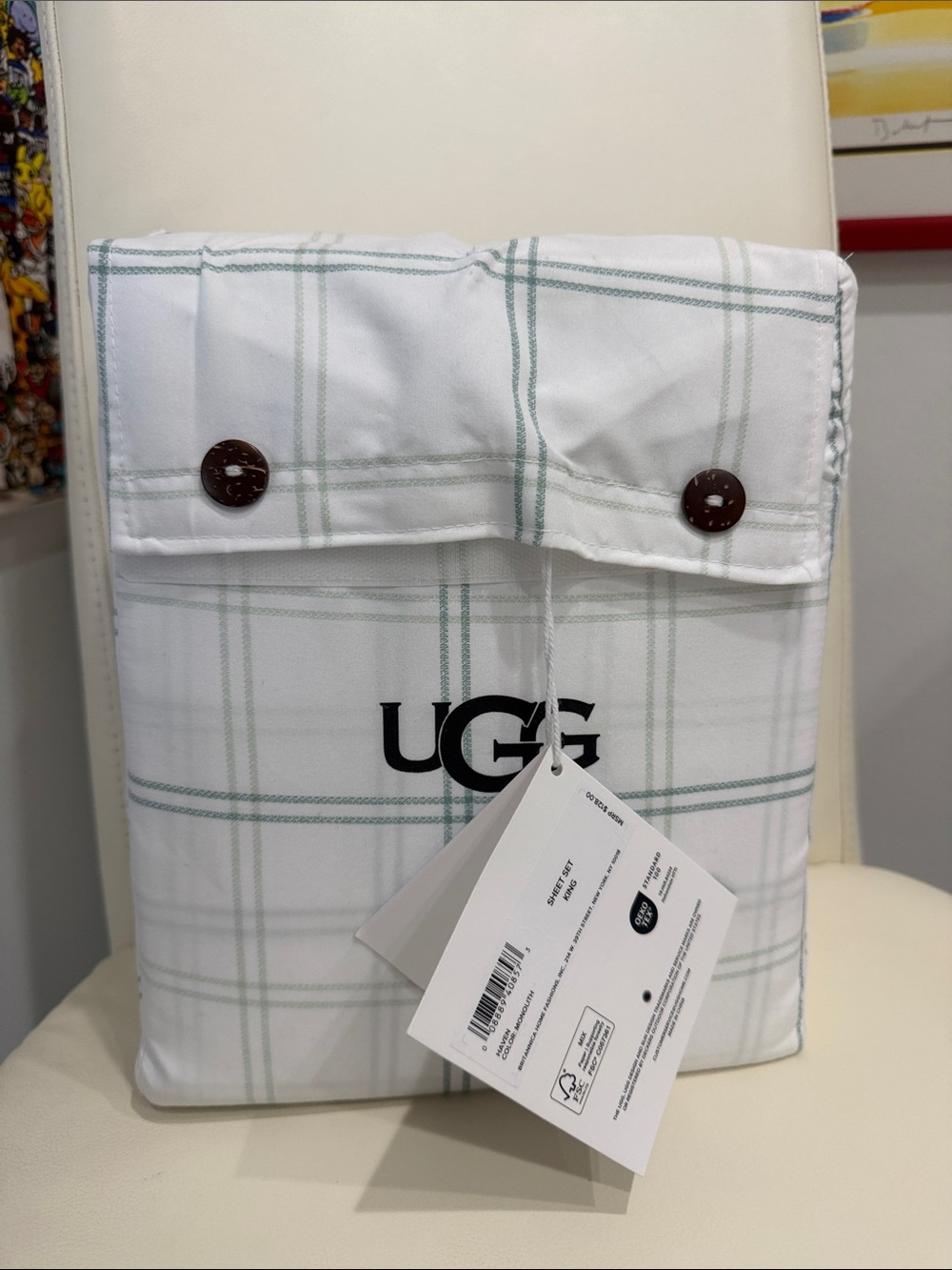 UGG Haven Monolith White Plaid with Green Trim Cooling Technology KING Sheet Set